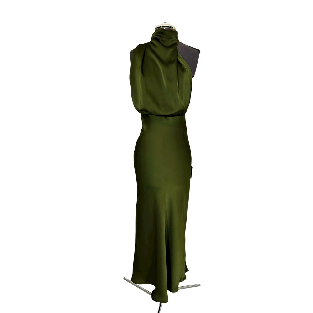 Lulus Distinctive Charm Olive Green Satin Asymmetrical Blousy Midi Dress S